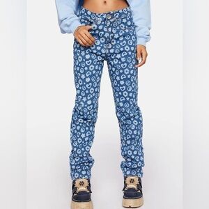 Dolls Kill Blue Daisy Street Peace Yin Yang Hearts Flowers Printed Dad Jeans‎